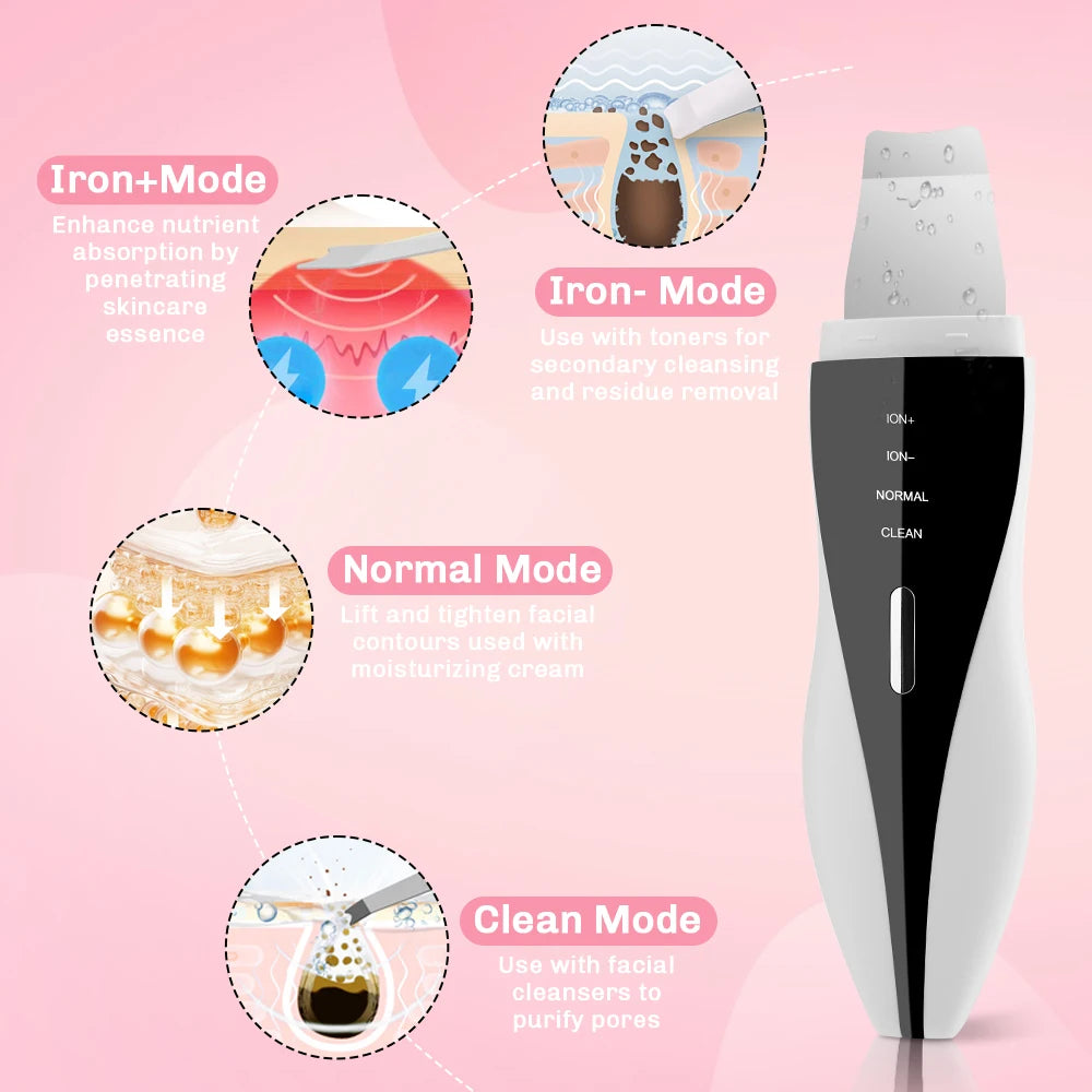 Ultrasonic Skin Scrubber Face Pore Cleaner Deep Cleansing Tool with 4 Modes Peeling Blackhead Remover for Facial Skincare