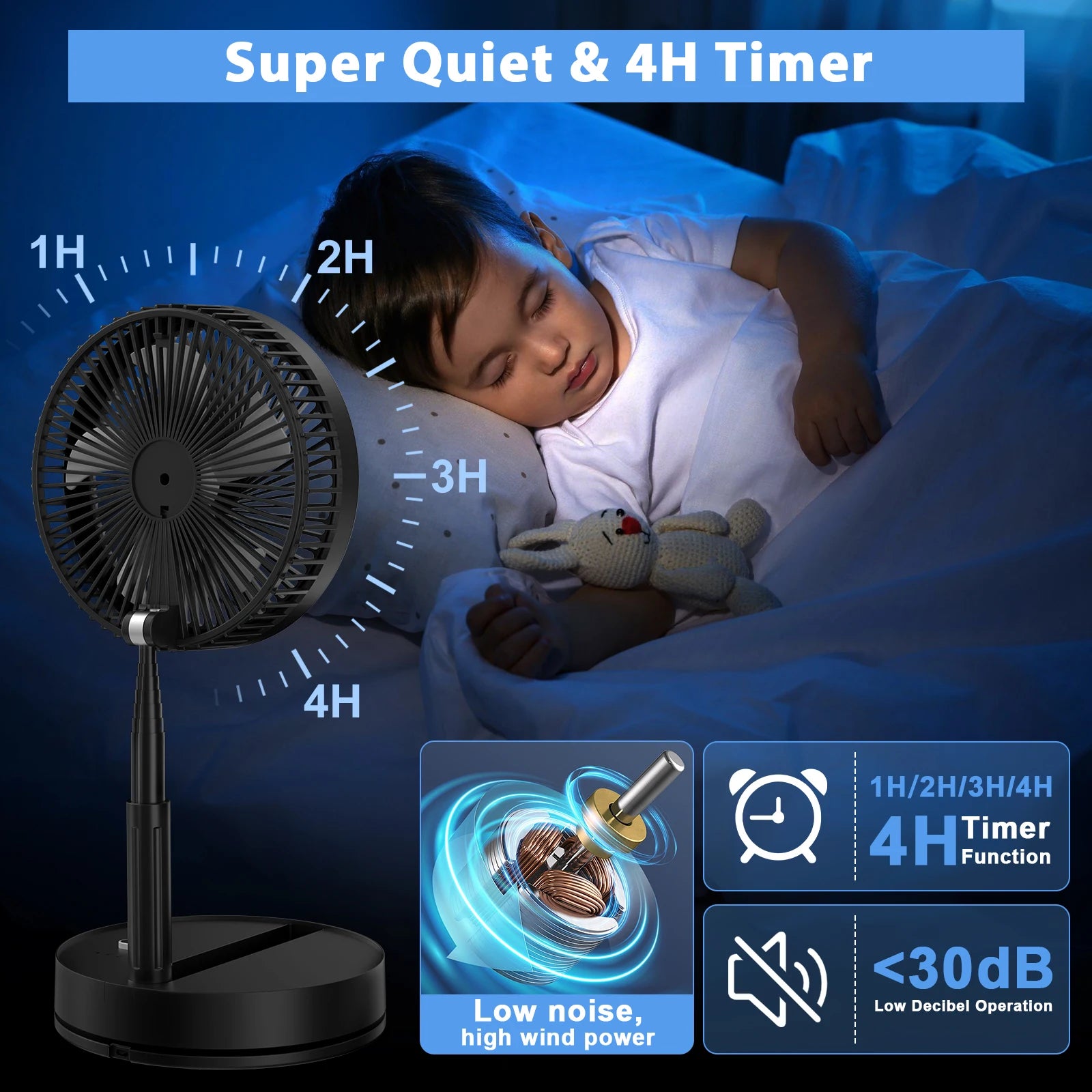 9″ Foldable Telescopic Small Fan USB Rechargeable 7200mAh Battery Operated Fan 4-Speed Adjustable Table Fan With Remote Control