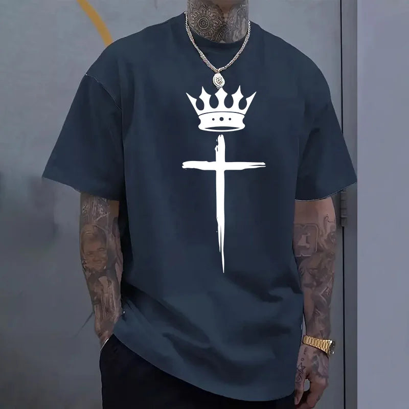 Men's Cross Crown Print 100% Cotton T-Shirt – Cool Casual Tee