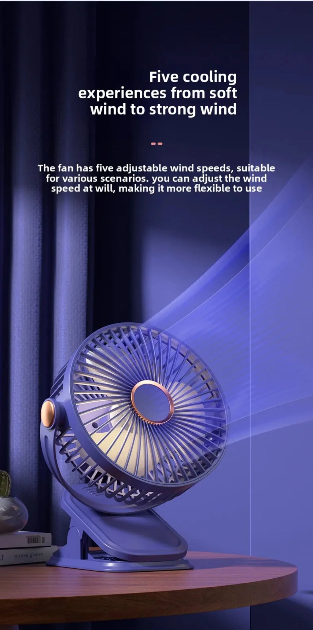 4 in 1 USB Rechargeable Fan with LED Night Light 5 Speed 720° Adjustable Low Noise Mini Desk Clip Fan For Home Office Camping