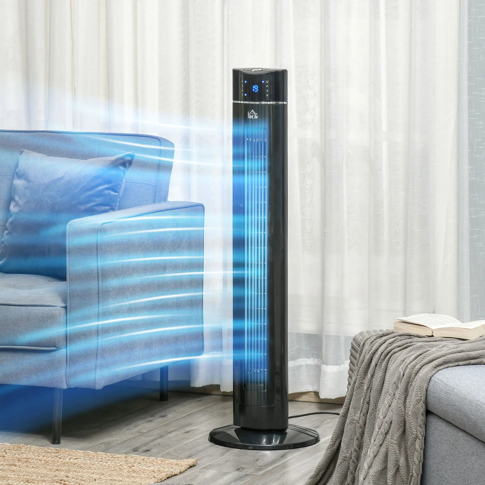 HOMCOM Tower Fan Anion Cooling Bedroom w/ Oscillating, Remote Controller, Black