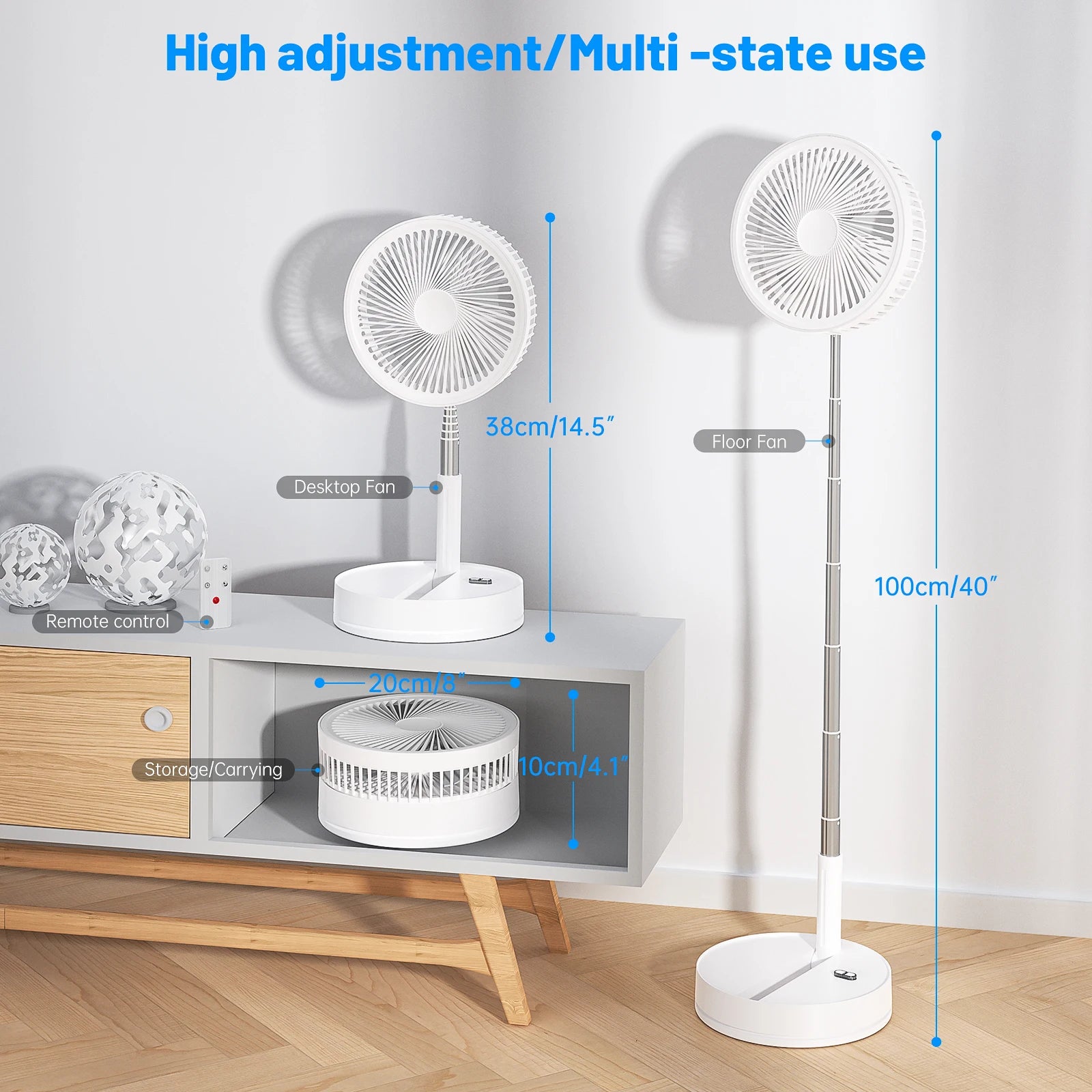 9″ Foldable Telescopic Small Fan USB Rechargeable 7200mAh Battery Operated Fan 4-Speed Adjustable Table Fan With Remote Control